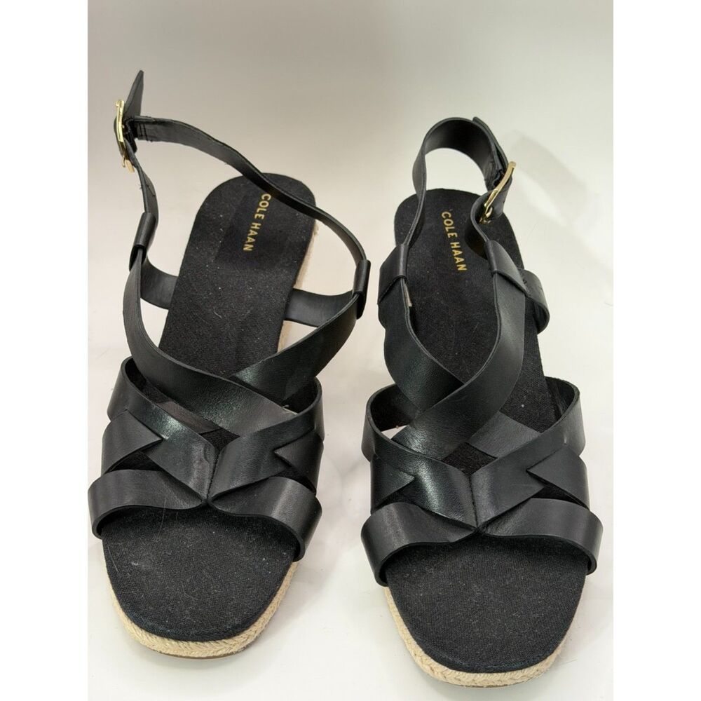 Cole Haan Women's 10B Black Leather Espadrille Wedge Sandals Grand 360